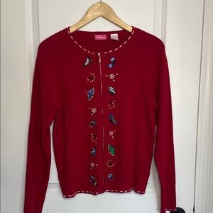 Pappagallo Women’s Front Zip Winter/Holiday Embroidered Cardigan Sweater M